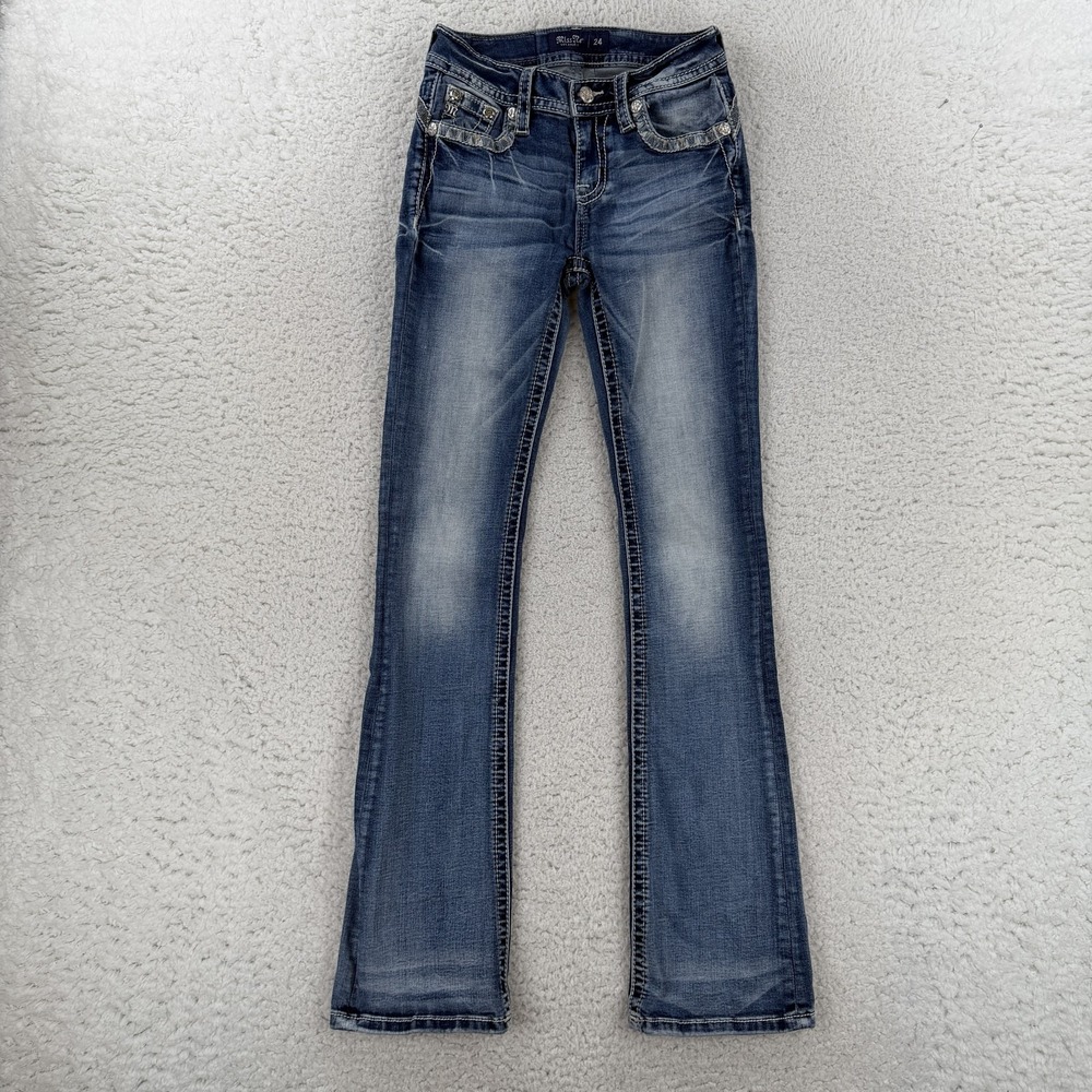 Miss Me Chloe Boot Jeans Womens 24 Blue Medium Wash Low Rise Rhinestone M3728B